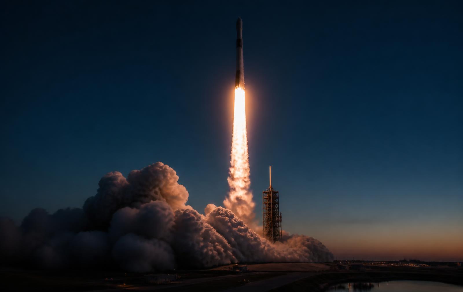 An orbital-class rocket lifting off at dusk