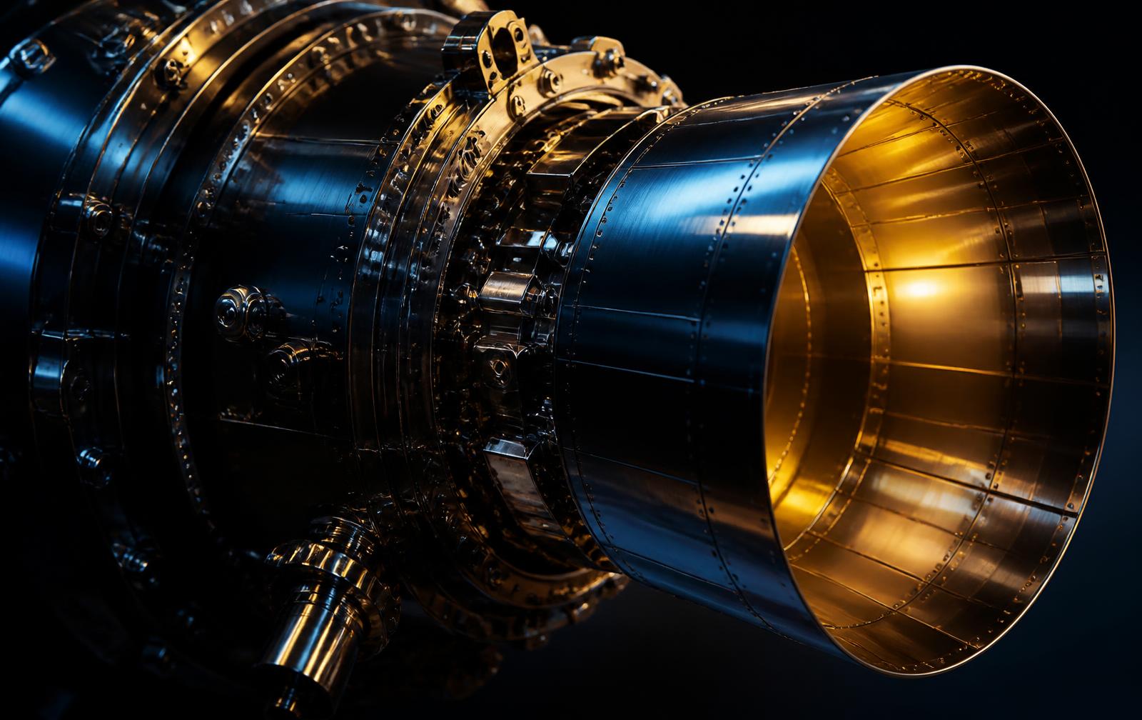 Close detail of a precision-engineered rocket engine nozzle