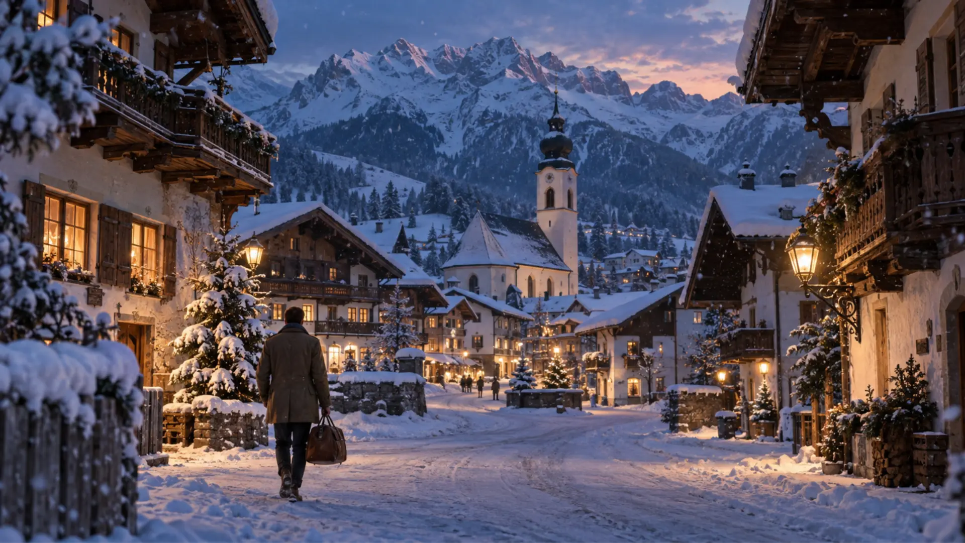 St. Johann in Tirol at dusk — the Austrian mountain town that becomes the setting for A Season in the Snow.