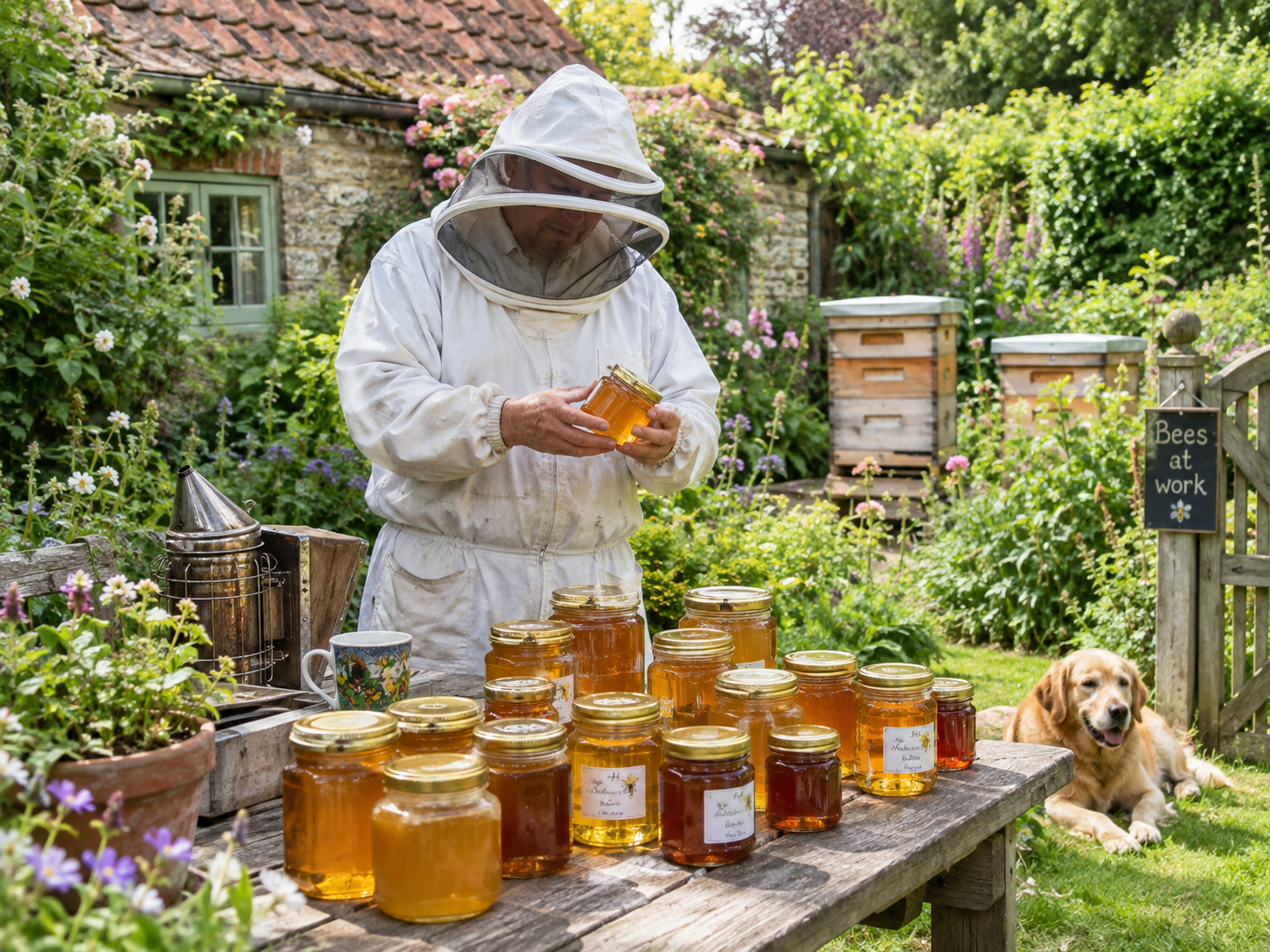A summer harvest in a Kentish garden: the season's honey, a smoker cooling on the bench, and a dog entirely unbothered by the bees at work.