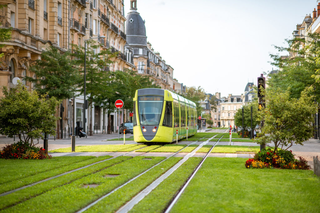 Modern tram in Reims city, France